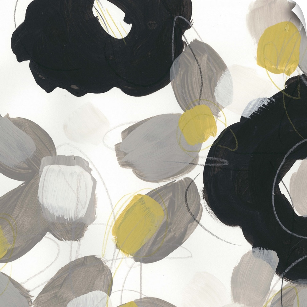 Abstract floral painting with broad black shapes on white and grey.