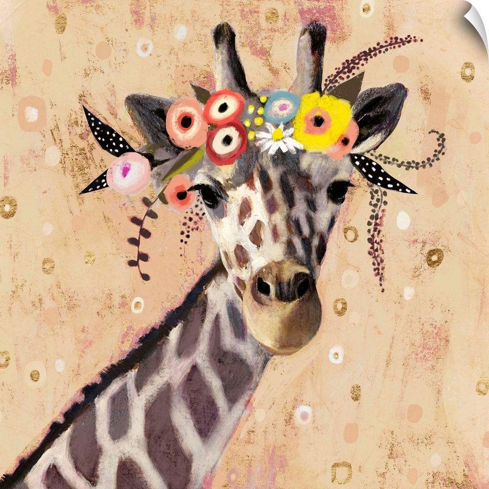 A creative youthful image of a giraffe wearing flowers on it's head, against a neutral background with small circular shapes.