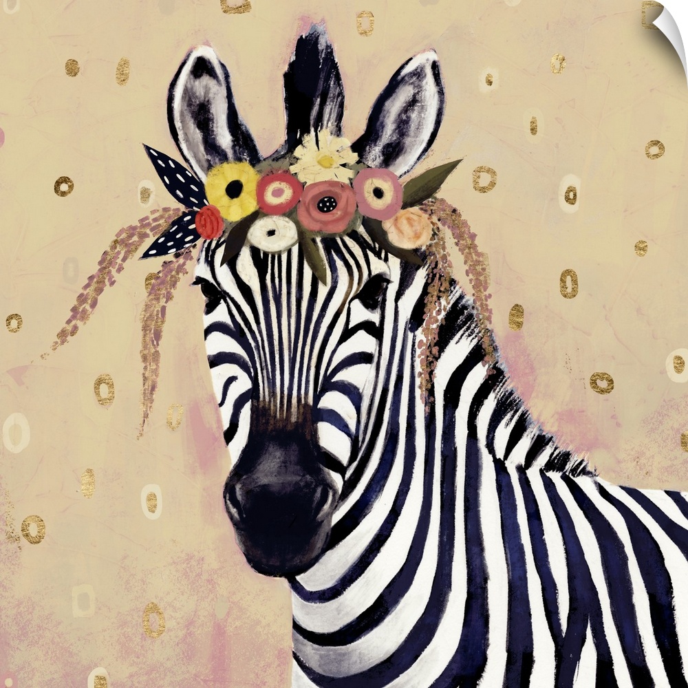 A creative youthful image of a zebra wearing flowers on it's head, against a neutral background with small circular shapes.