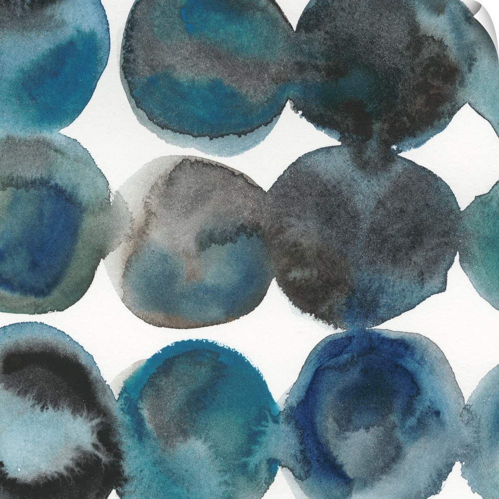 Square abstract decor with large circles placed in lines made in shades of blue and black.