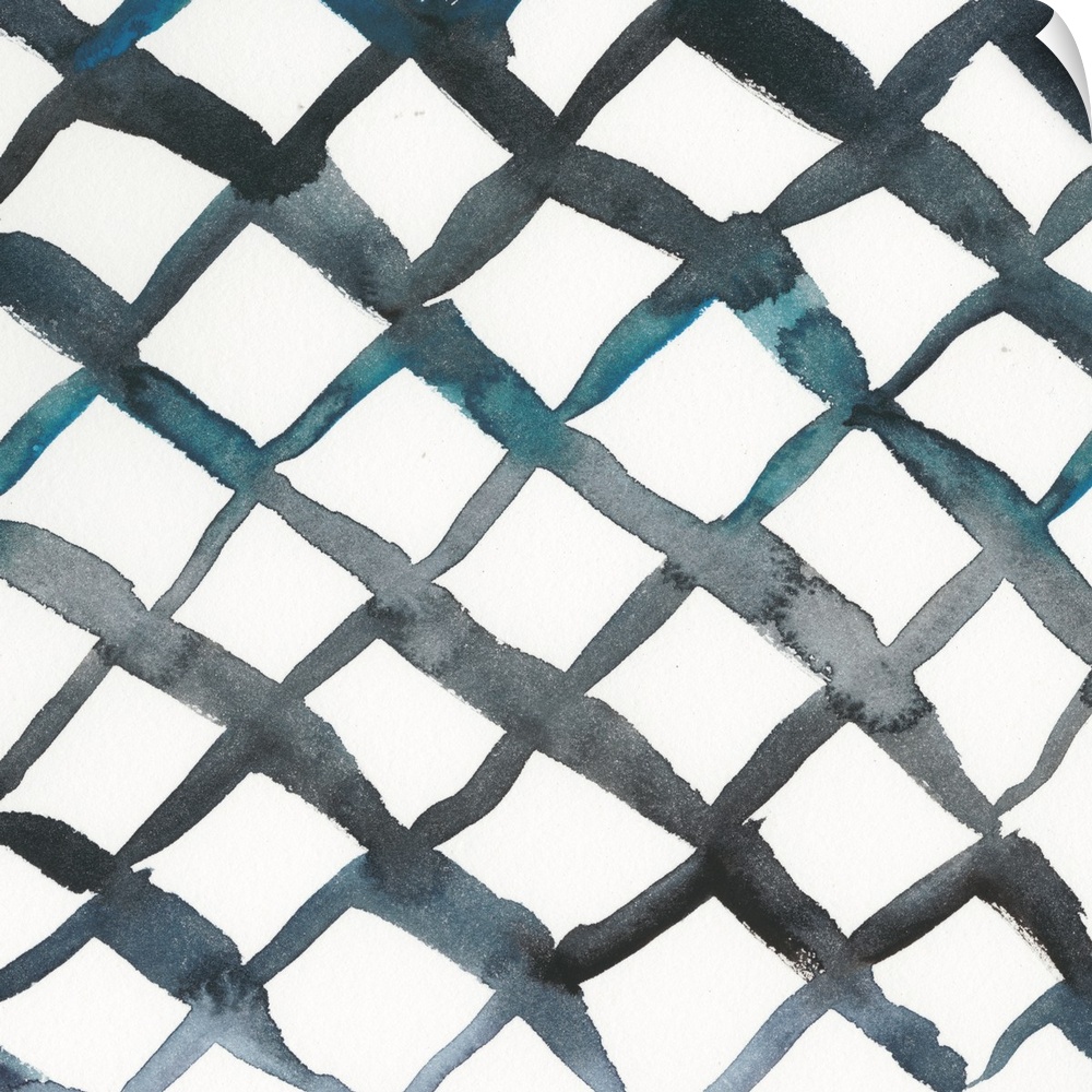 Square abstract decor with a lined pattern consuming the entire face of the canvas in shades of blue and black.