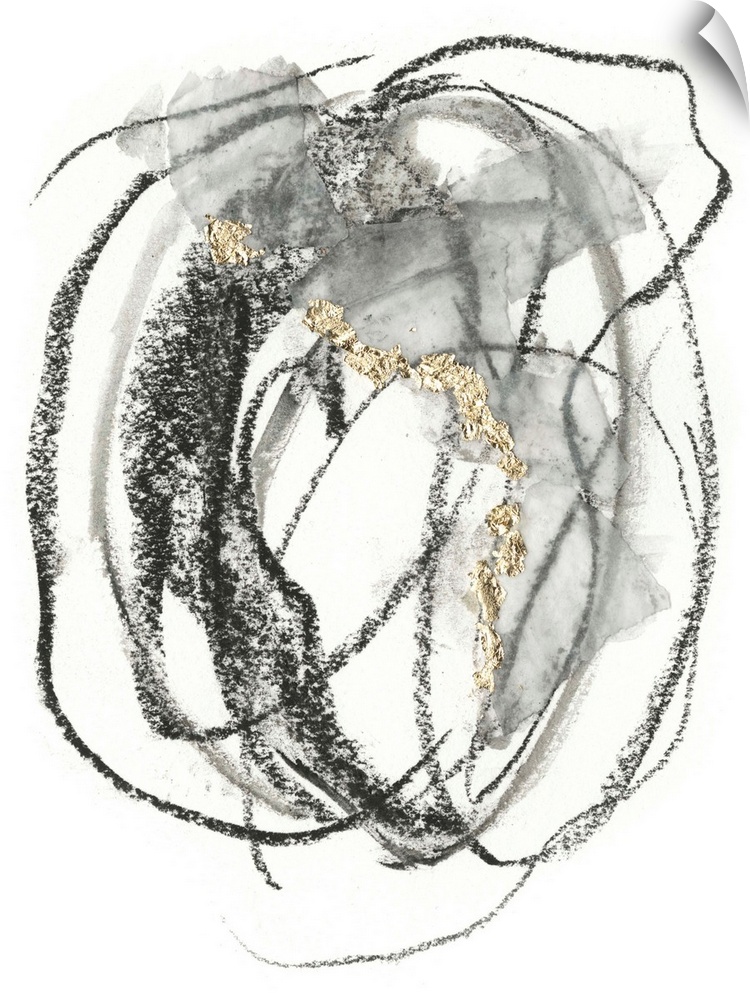 Abstract painting of black scribbles and gray patches with gold leaf accents on a white background.
