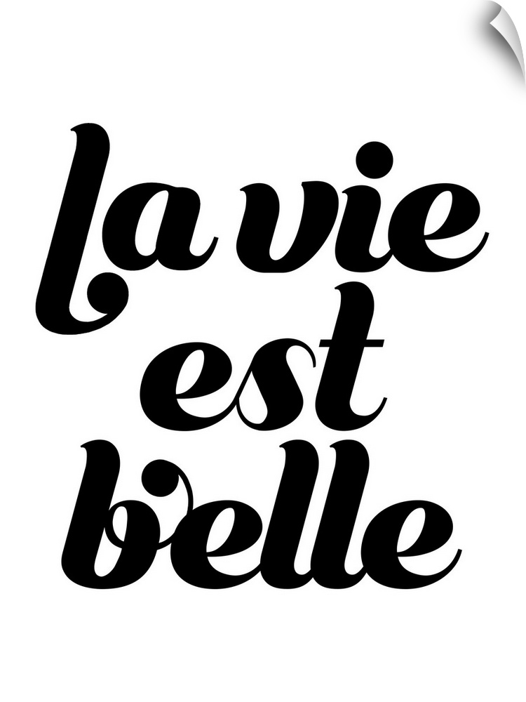 Black and white typography that says, "La vie est belle" in black script on a white background.