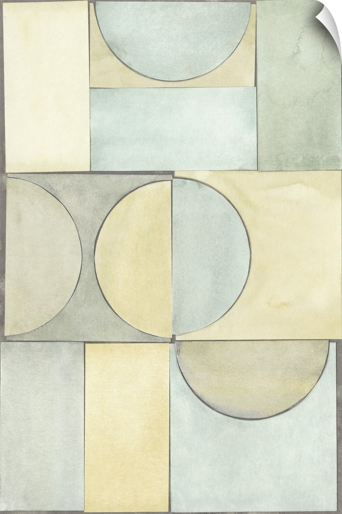 Contemporary abstract painting with pastel geometric shapes.