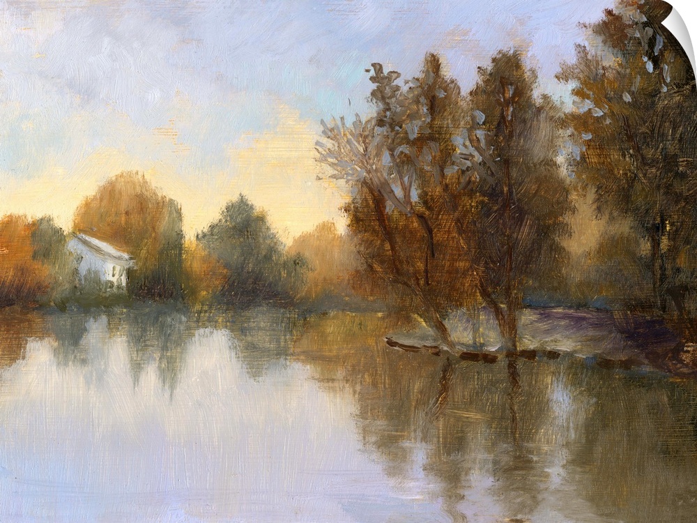 Contemporary painting of a lake in a countryside scene in autumn.