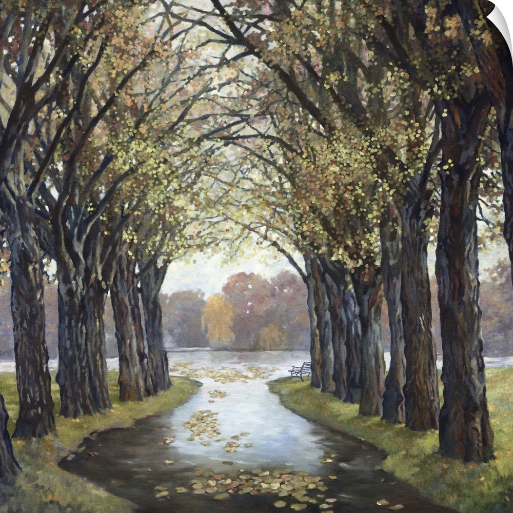 Contemporary painting of a path through a natural archway created by trees.