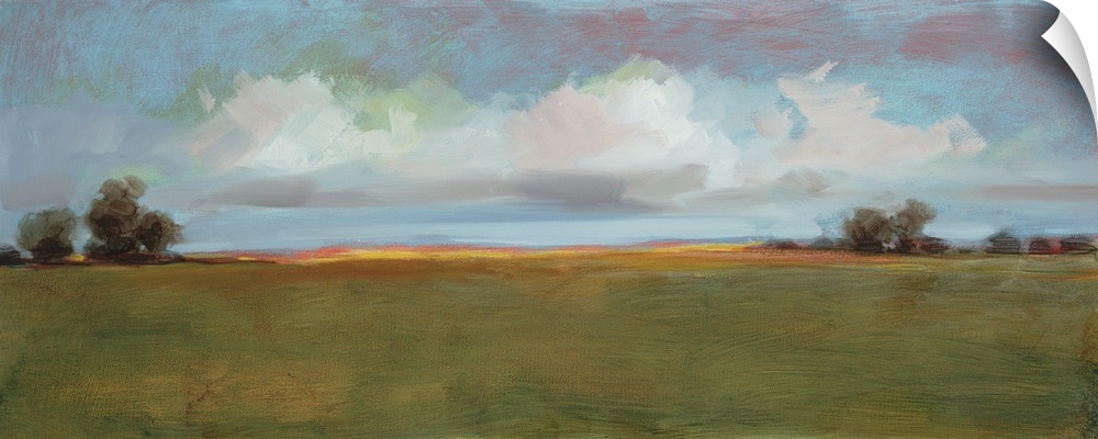 Contemporary landscape artwork of an open field with sparse trees under a cloudy sky.