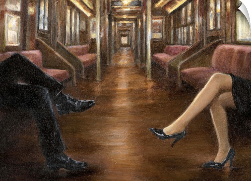 Contemporary painting of the inside of a train with only the legs of a couple visible.