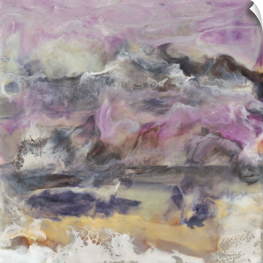 Soothing contemporary artwork featuring flowing purple, yellow and neutral tones of color to create a marble effect.