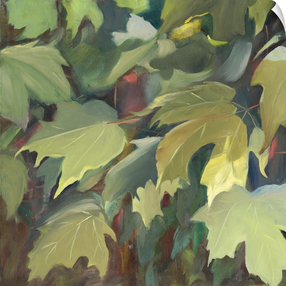 Contemporary artwork of green oak leaves in the shade.