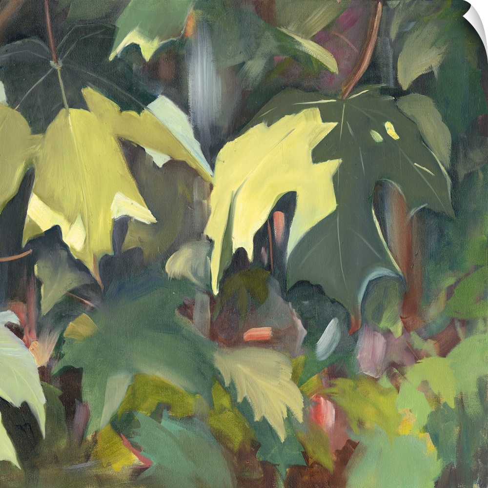 Contemporary artwork of green oak leaves in the shade.