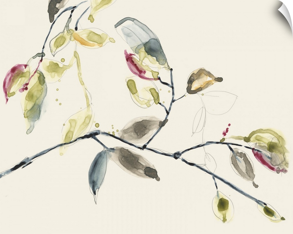 Carefree brush strokes and paint droplets flow over a sketched branch with leaves in this relaxed contemporary artwork.