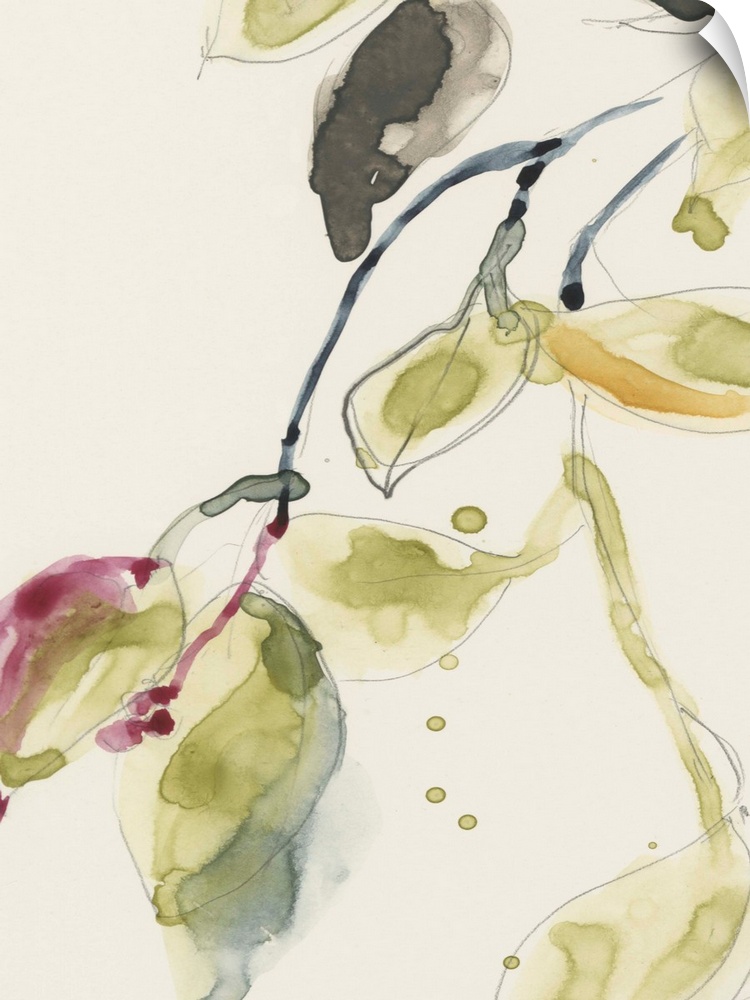 Watercolor abstract branches and leaves. Part of a triptych.