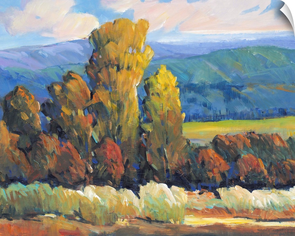 Contemporary painting of a mountain valley landscape with a grove of trees in the fall.