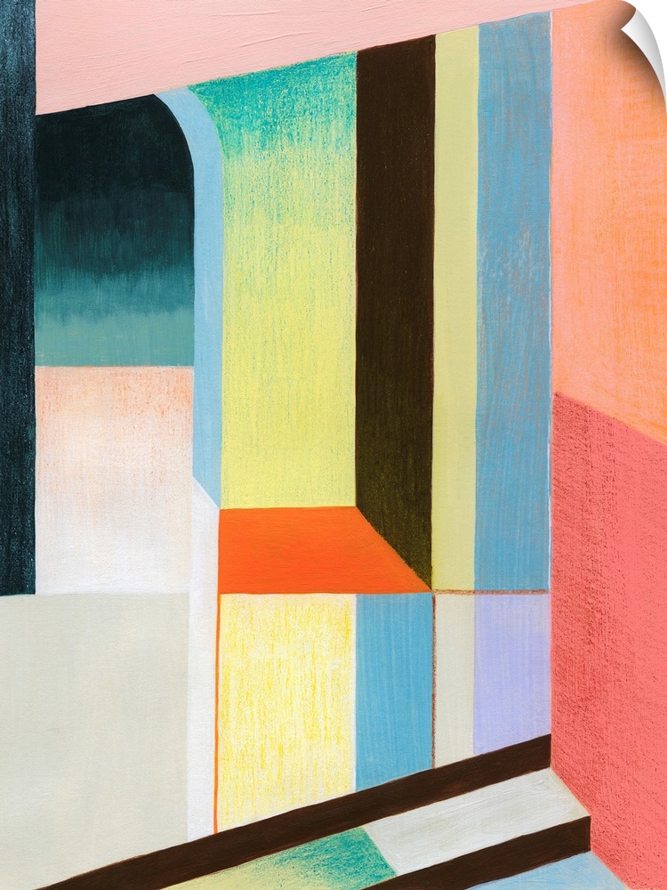 A brightly colored geometric abstract piece featuring an archway and block shapes that appear to be spects and alcoves