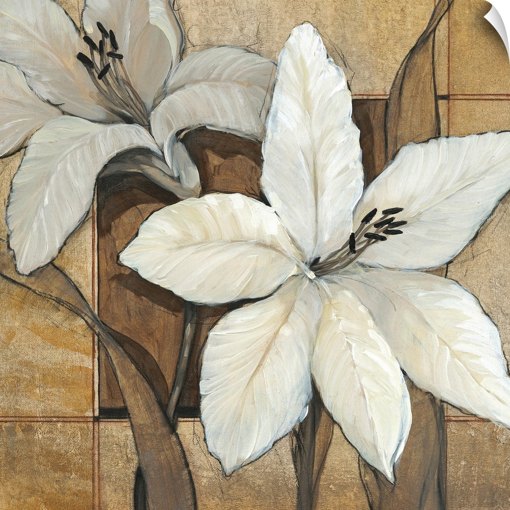 Square, oversized home art docor of two large lilies on a background of an earth tone tile with a stone texture.