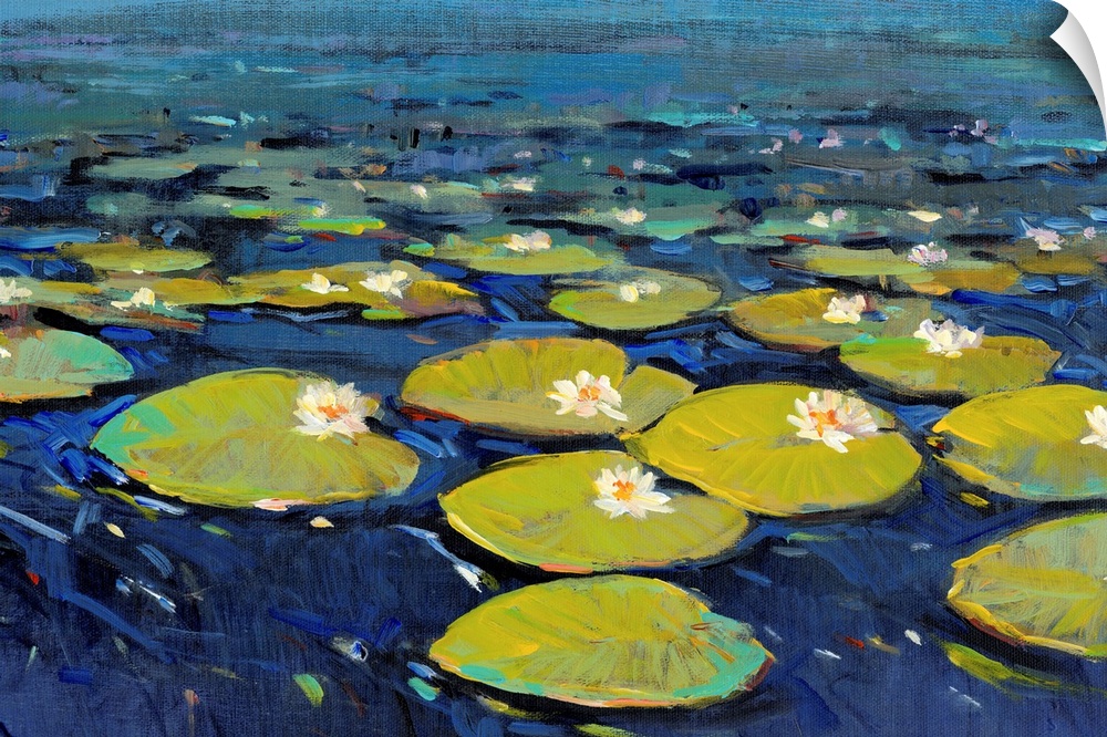Contemporary painting of bright green lily pads in a deep blue pond.