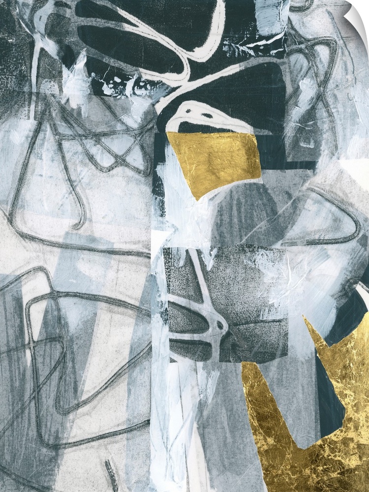 A bold black and white contemporary abstract in shades of grey and white, with accents of gold