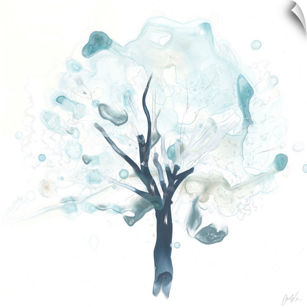 Watercolor painting of a tree in watered down blue shades with blurred spots.