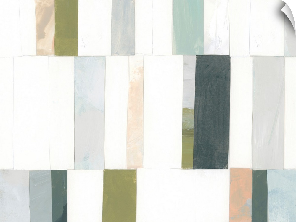 A blocky contemporary abstract painting featuring vertical rectangular shapes in cool coastal colors and lots of white