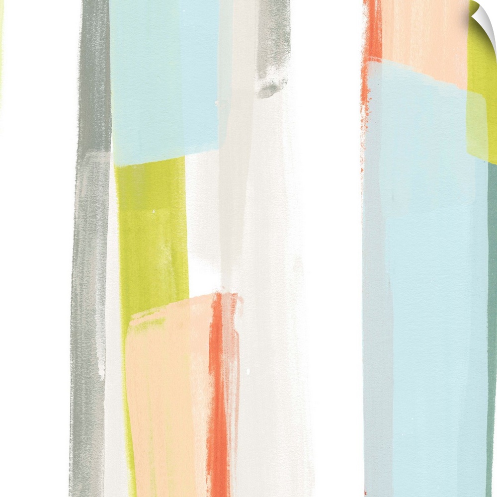 Pastel abstract painting of vertical stripes in blue, yellow, and peach.
