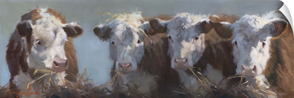 Contemporary painting of a bull and three cows eating hay.