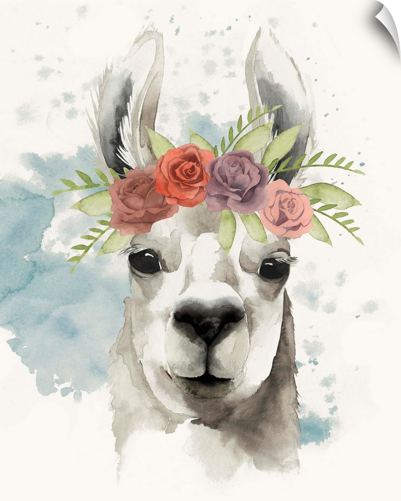 Watercolor portrait of a llama wearing a crown of roses.