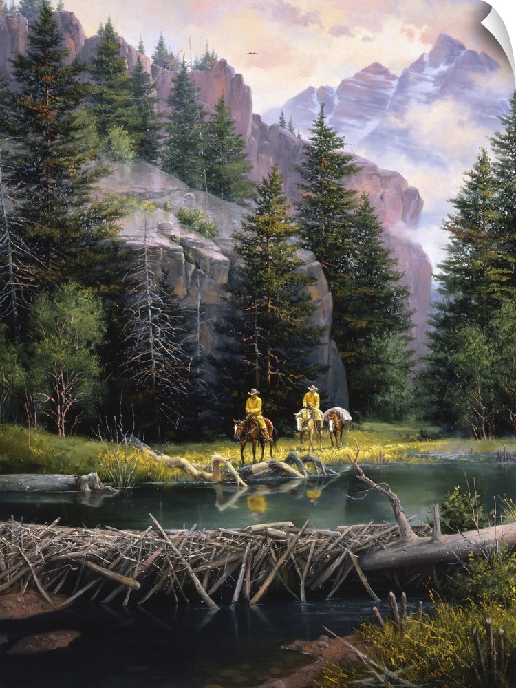 Contemporary Western artwork of two cowboys on horseback in a river valley near a beaver dam in the Rocky Mountains.