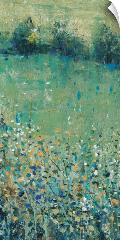 Contemporary painting of an abstracted green meadow full of wildflowers.