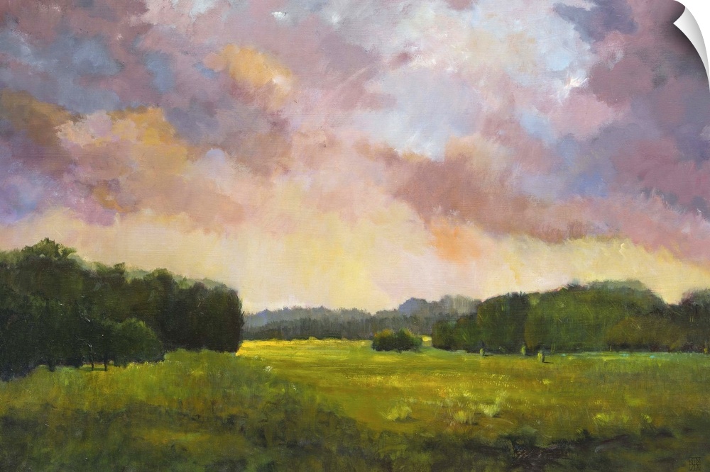 Contemporary painting of a countryside landscape at sunset.