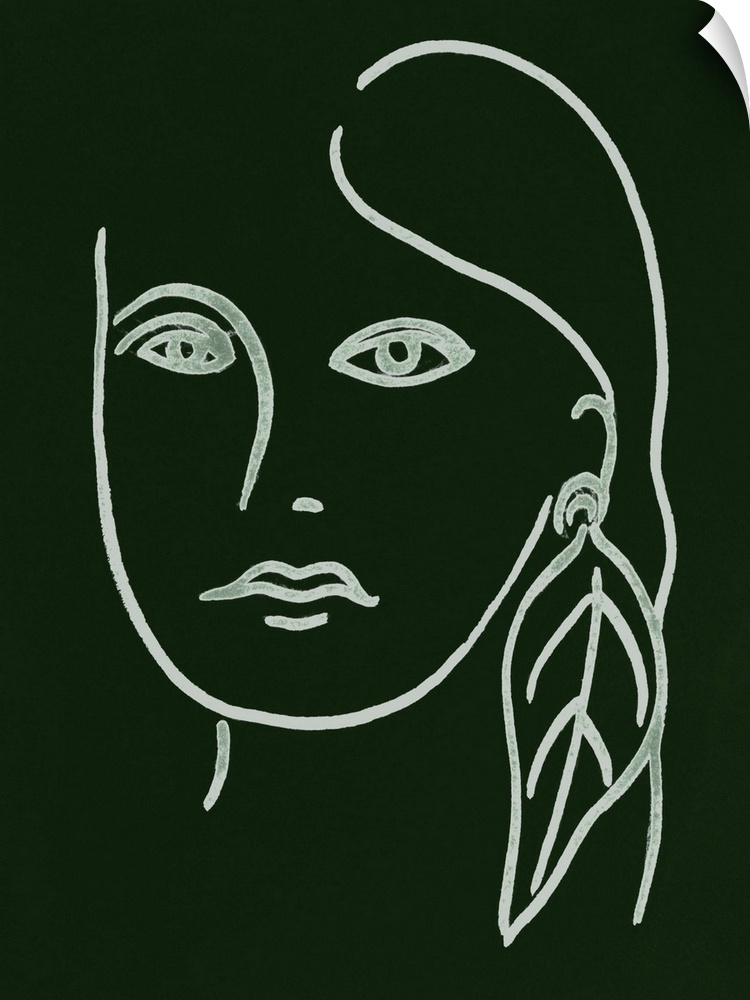 Portrait outline of a woman wearing a feather earring on a dark green background.