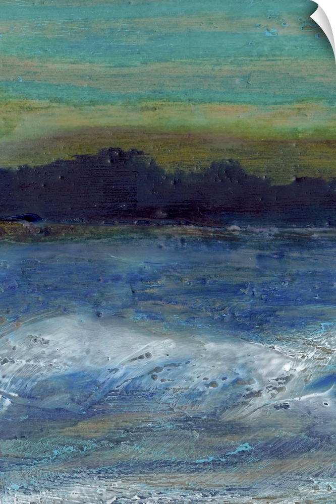 Contemporary painting of a stormy sea with a dark horizon.