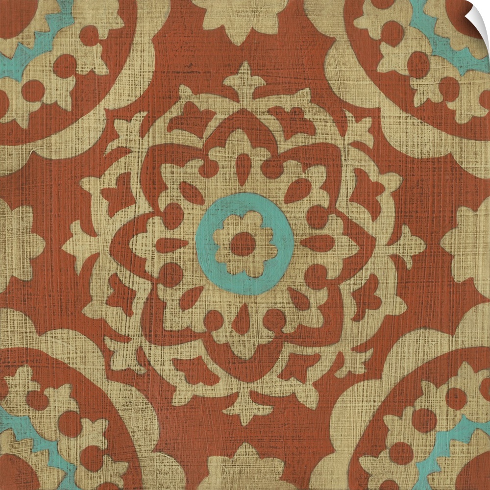 Kaleidoscope patterns in earthy oranges and bright blues fill a cross hatched background resembling burlap material.