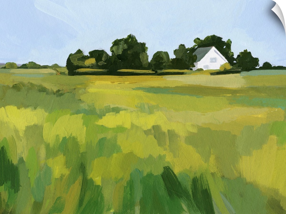 A simple contemporary painting of a field of tall grasses with a white house in the distance. The brushstrokes are thick a...