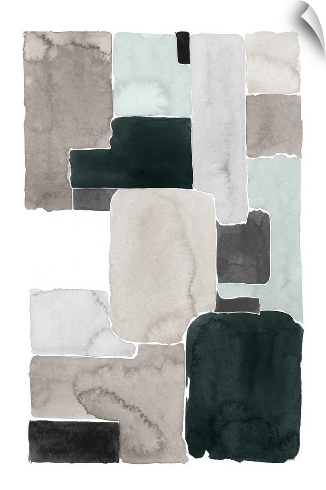 Contemporary abstract painting with blocks of grey and black on a white background.