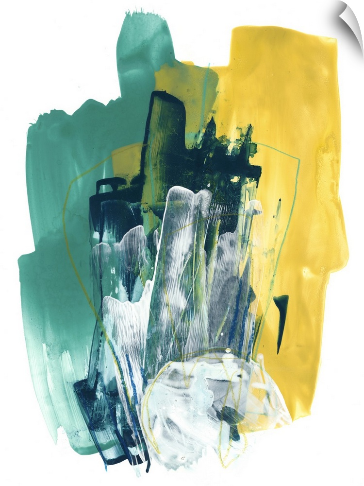 Bold, upright brush strokes in teal, white and yellow layer over one another in this contemporary artwork.