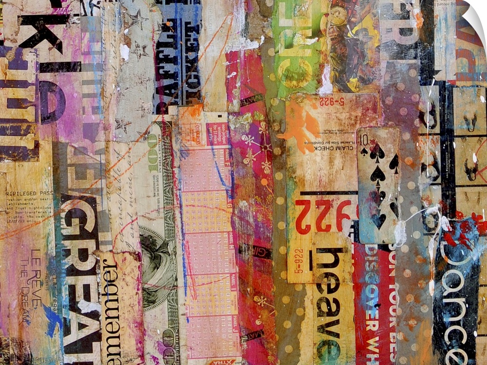 Contemporary mixed media artwork composed of a variety of found text arranged vertically.