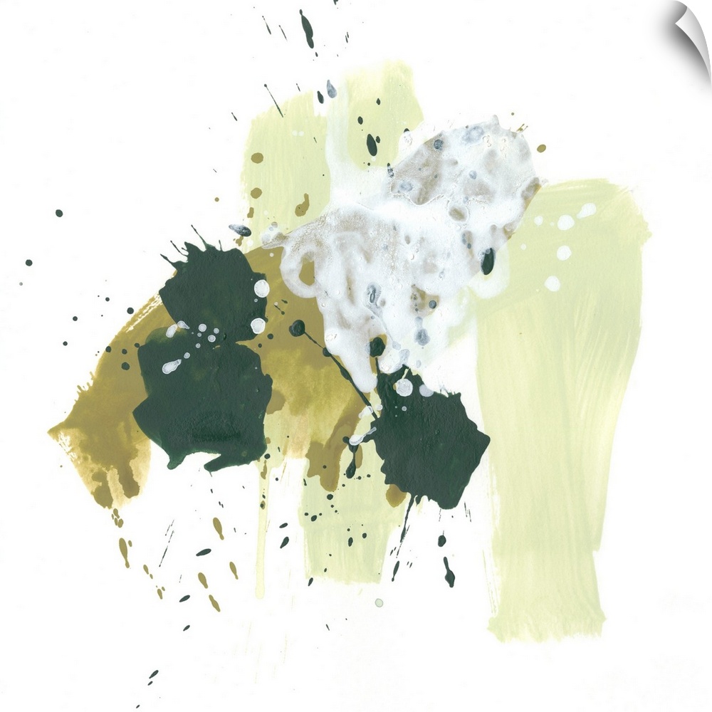 Contemporary abstract painting with paint splatters and wide brushstrokes in a range of greens from olive to forest.