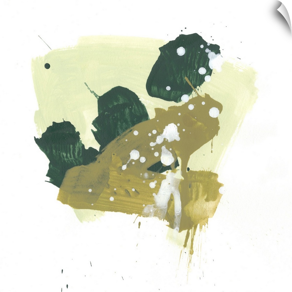 Contemporary abstract painting with paint splatters and wide brushstrokes in a range of greens from olive to forest.