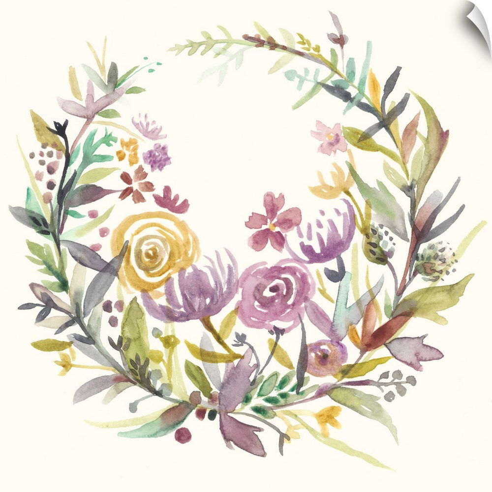 Decorative artwork featuring a flowers and foliage arranged in a wreath shape.