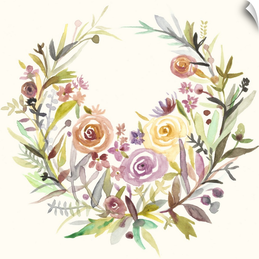 Decorative artwork featuring a flowers and foliage arranged in a wreath shape.
