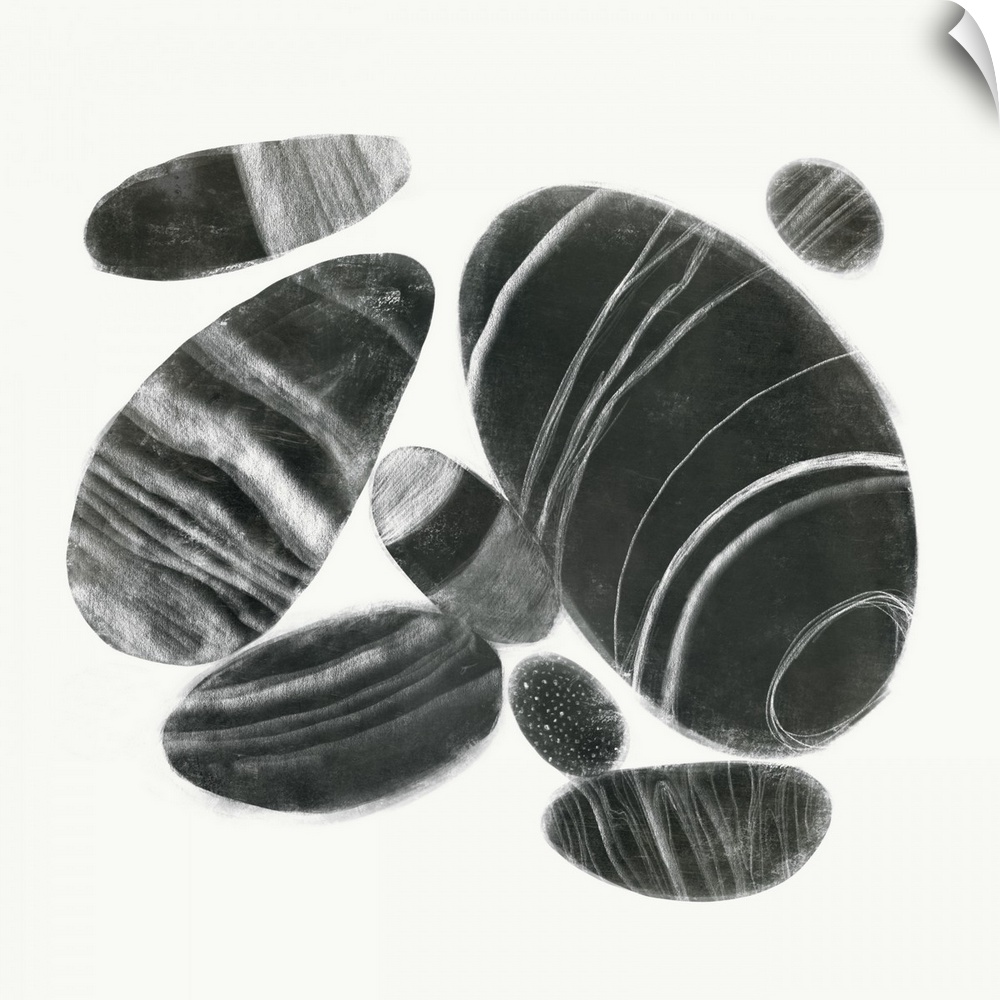 Distressed dark gray circular shapes illustrate smooth stones that have been gathered together against a white background.