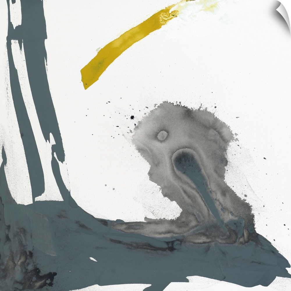 Abstract painting using aggressive strokes of gray with a hint of yellow against a white background.