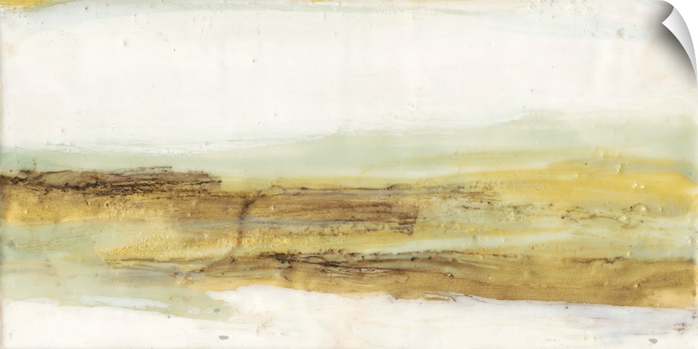 An abstract painting in warm gold and mint colors representing a horizon under a neutral sky