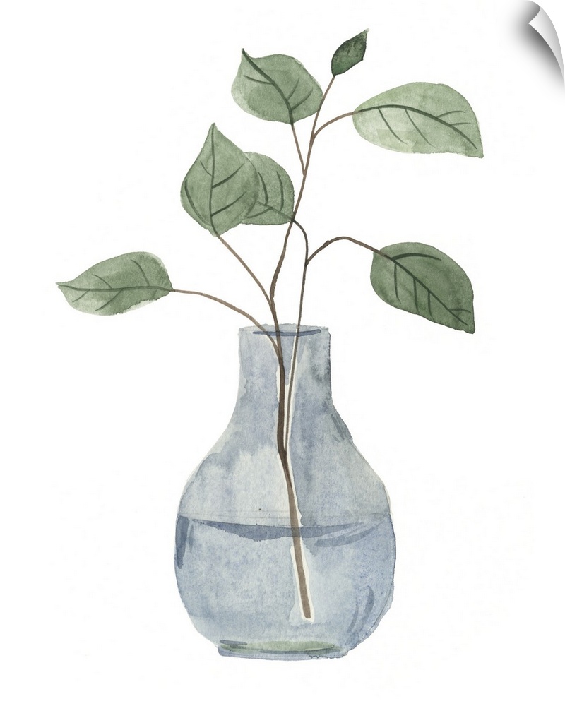 Watercolor leaves in an indigo vase.