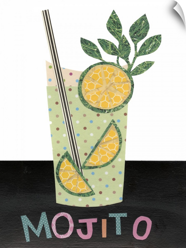This decorative artwork has double meaning by featuring mixed drinks created with mixed media components. Cut pieces of pa...