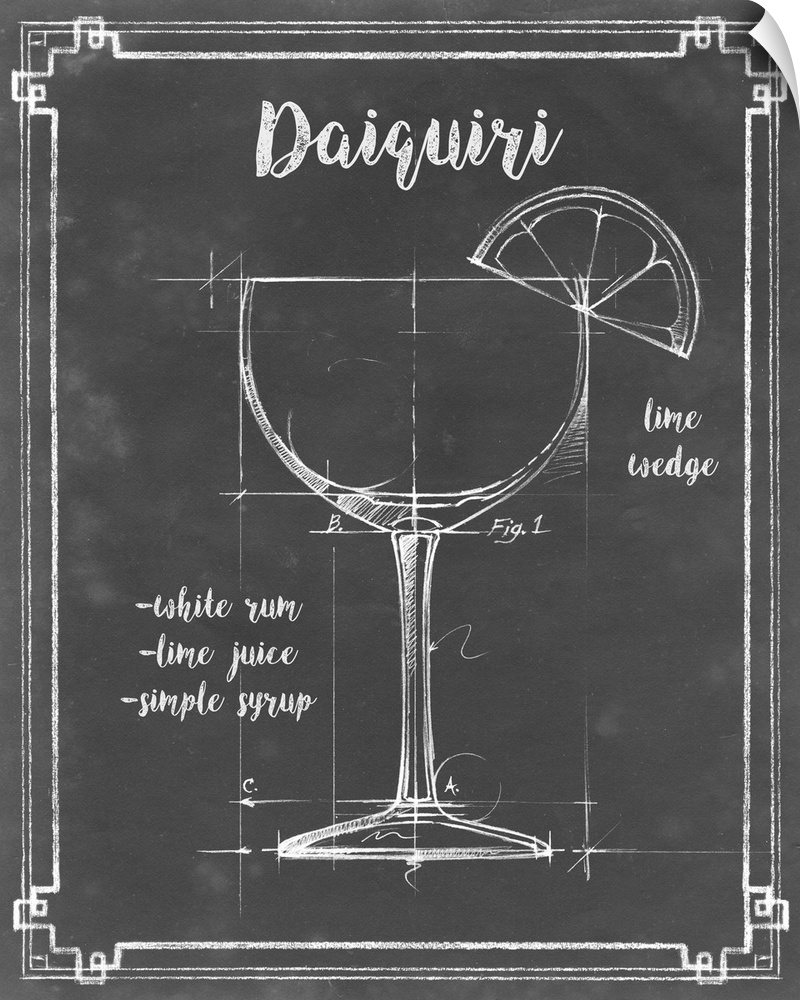 Blueprint style diagram and recipe of a Daiquiri cocktail.