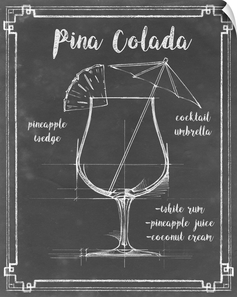 Blueprint style diagram and recipe of a Pina Colada cocktail.