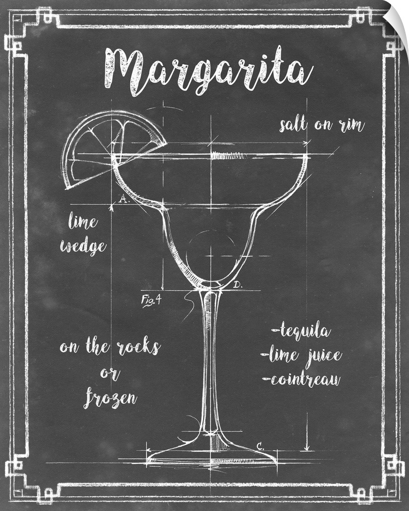 Blueprint style diagram and recipe of a Margarita cocktail.