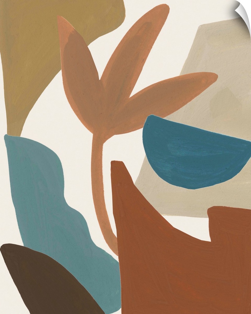 Contemporary abstract collage of flowers, leaves, shapes, and vases in earth tones and blue.